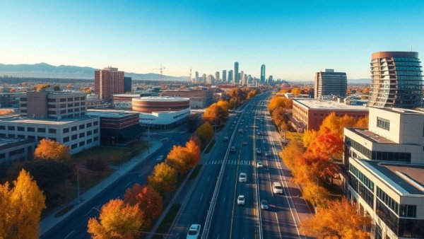 Aerial view of Salt Lake City road with autumn foliage and urban landscape, highlighting Salt Lake City transportation action plan.