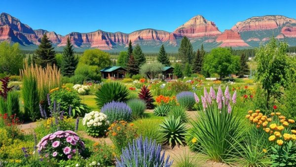 Vibrant four-season garden in Utah with diverse plants, clear sky.