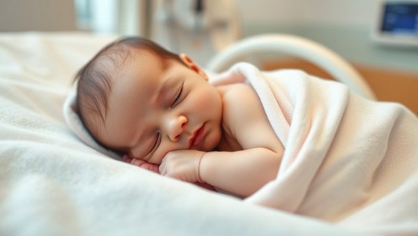 Newborn infant resting in hospital setting with soft lighting.