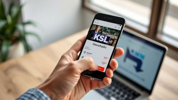 Salt Lake City Community Unity: Hand holding phone with KSL app in office.