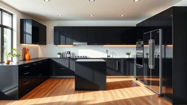 Sleek modern kitchen design with black cabinets, emphasizing custom home design in Utah.