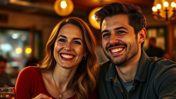 Casual setting featuring smiling couple in a dimly lit atmosphere.