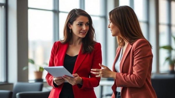 Two women discussing in a modern office space, highlighting schools increasing isolation practices.