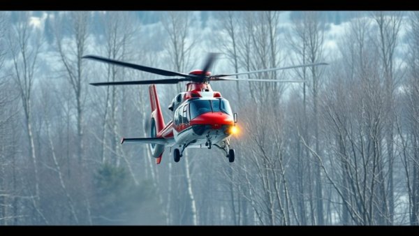 Rescue helicopter taking off in snowy forest after dangerous hike.