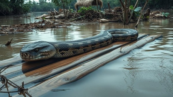 Giant python on a raft amidst Typhoon Tino flooding.