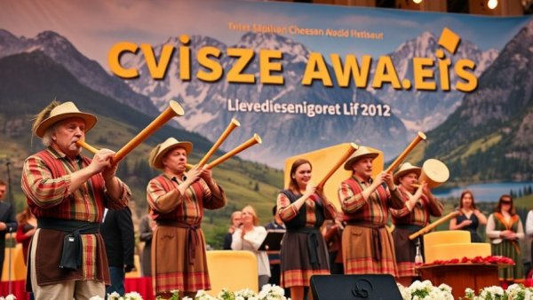 Traditional Swiss performers playing alphorns at cheese awards event.