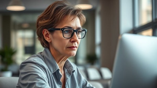 Insightful mature woman deeply focused on work in an ergonomic office, highlighting the shift in concentration influenced by social media platforms.