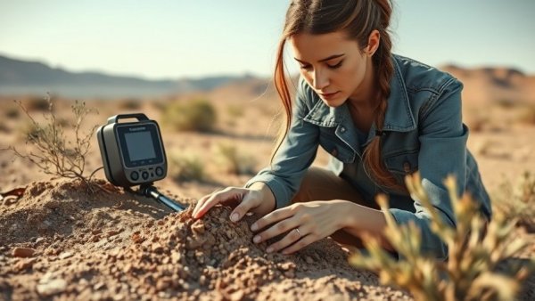 Federal Probes in Indigenous Communities: Woman examining soil in desert.