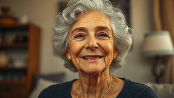 Older woman smiling with curly hair in warm lighting.