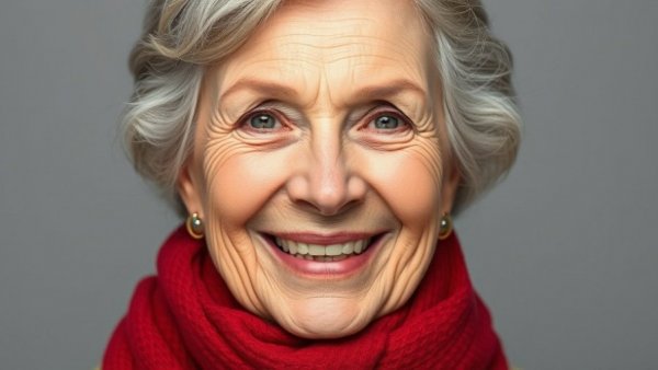 Smiling older woman with brown hair wearing a red scarf.