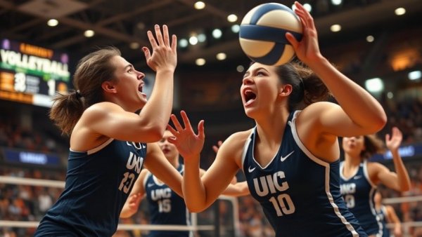 NCAA volleyball players in intense competition during the tournament.