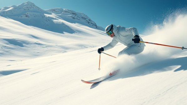 Utah snow quality skier skiing in deep powder, dynamic and vibrant.