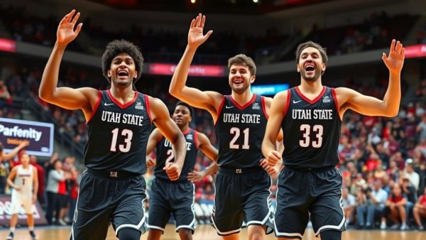 Utah State basketball team celebrating during identity conference play.