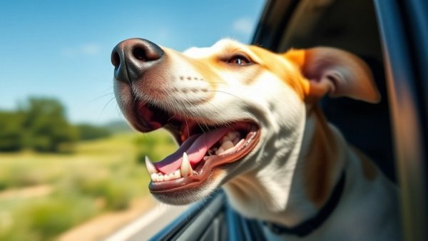 Dog enjoying wind with open mouth through car window.