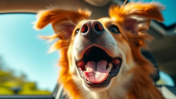 Dog's mouth becomes a drag chute as it rides in a car under blue sky.