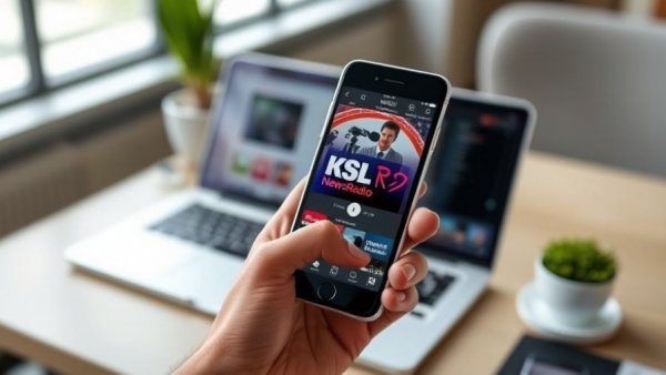 KSL NewsRadio app on phone promoting local news Salt Lake City.