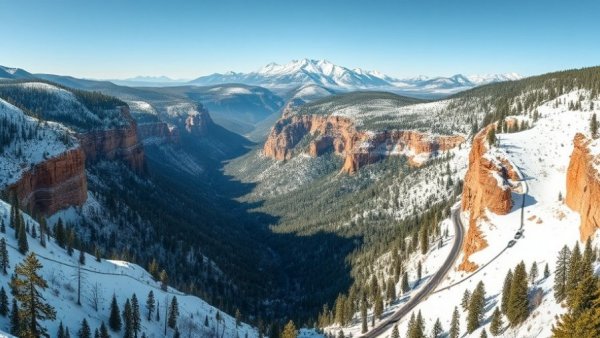 Scenic view of Little Cottonwood Canyon highlighting road and snow-covered mountains.