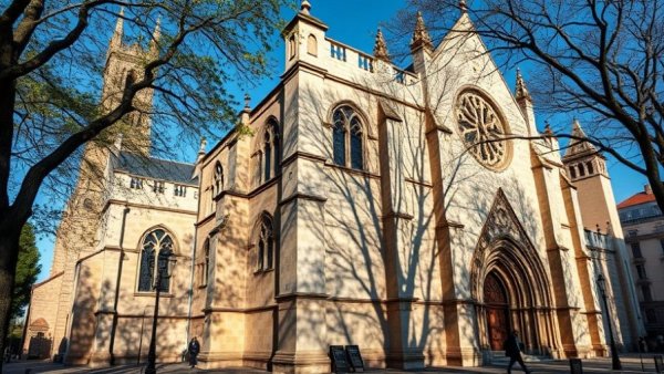 Historic stone church with tree shadows, person walking.