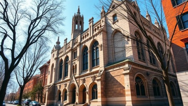 Historic building at Brown University with sunlight and tree shadows.
