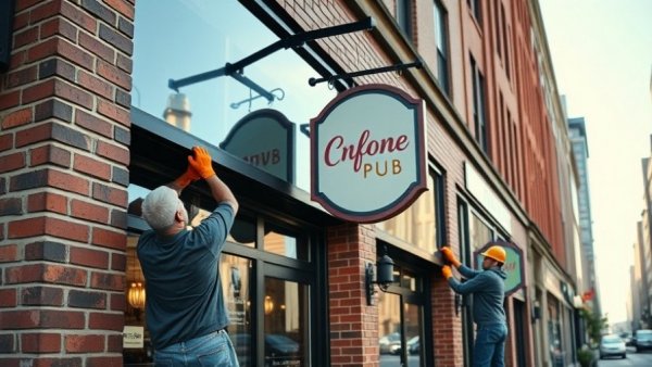 Squatters Pubs rebrand with workers installing a new sign in a city setting.