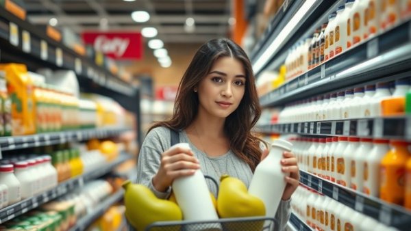Woman grocery shopping for milk, Utah's economy steady.