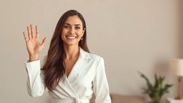 Confident woman waving and smiling in soft lighting, Elise Stefanik leaves politics.