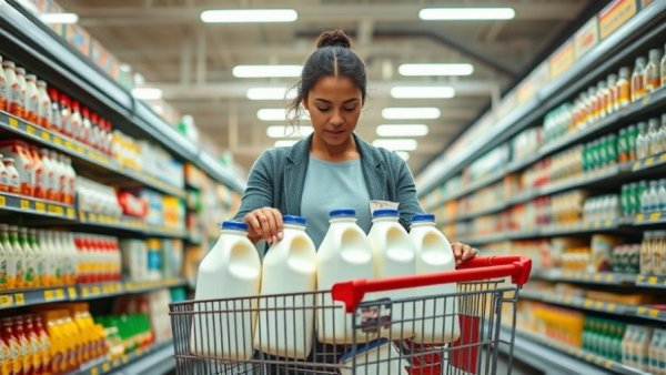 Woman shops for milk in a well-stocked grocery store, highlighting Utah's economy stability.