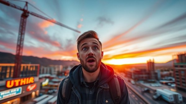 Surprised man in front of Utah cityscape at sunset with construction signs; Moving to Utah theme.