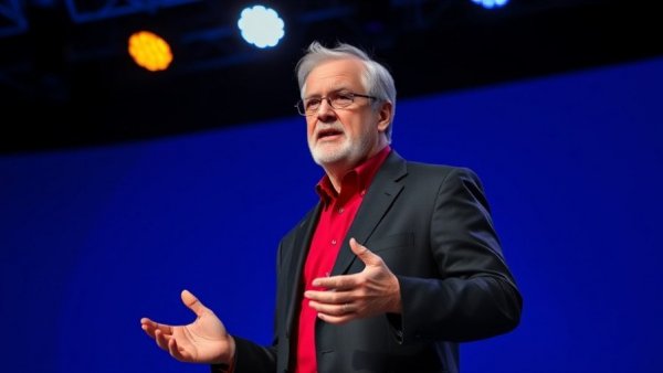 Elderly man speaking on stage about timeshare fraud with blue backdrop.