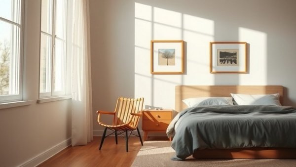 Modern bedroom with wooden chair and bed in soft natural light, Utah.