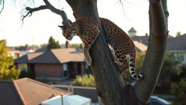 Bobcat climbing tree in Salt Lake City suburb, urban wildlife encounter.