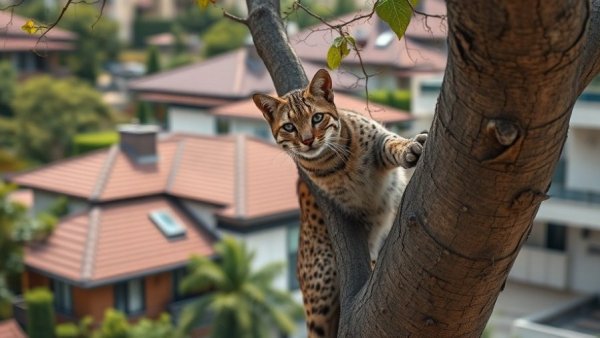 Bobcat encounter in urban areas, bobcat climbing tree in city.