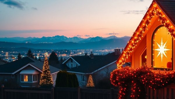 Utah suburban Christmas lights with snow-capped mountains.