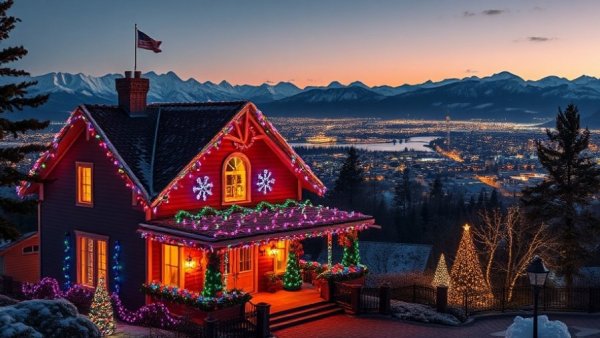 Festive house with Christmas lights and Utah's majestic backdrop
