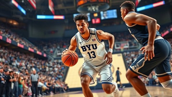 BYU basketball player dribbles past opponent in thrilling game.