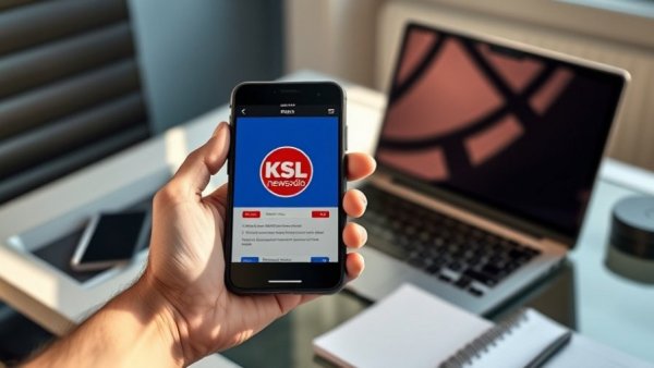 KSL Newsradio app display in office setting, promoting community events in Salt Lake City.