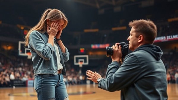 Paige Anne proposal after singing national anthem on basketball court.