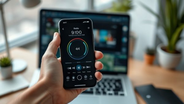 Radio app on smartphone in a modern workspace.