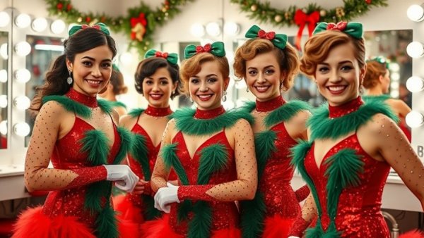 Rockettes preparing for Christmas Spectacular in festive dressing room.