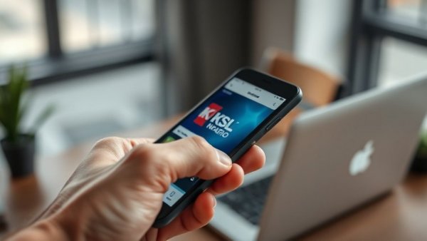 Hand holding a smartphone with KSL NewsRadio app, office background.