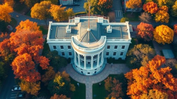 Aerial view of the White House and grounds with autumn trees, construction visible.