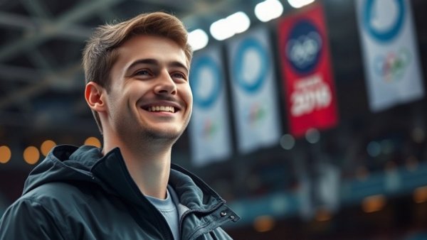 Young man smiling at Olympics event in preparation for Milan Cortina 2026.