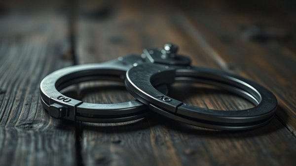 Metallic handcuffs on a wooden surface symbolize kidnapping prevention.