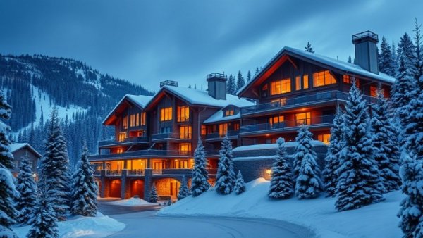 Luxurious Snow Park Condominiums illuminated in a snowy winter landscape.