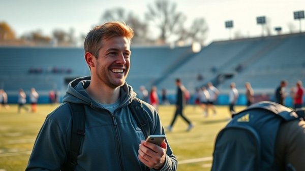 AI Revolution 2025: Man discussing technology at outdoor sports event