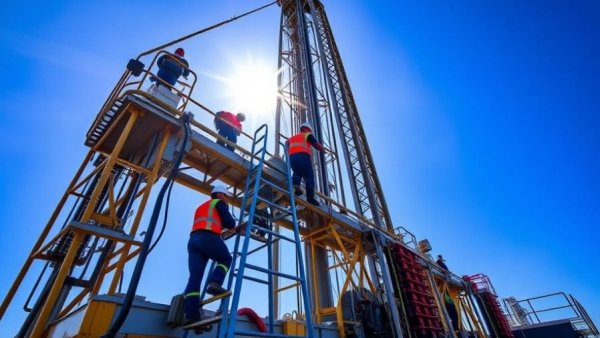 Workers climb a geothermal rig in Utah, showcasing renewable energy development.