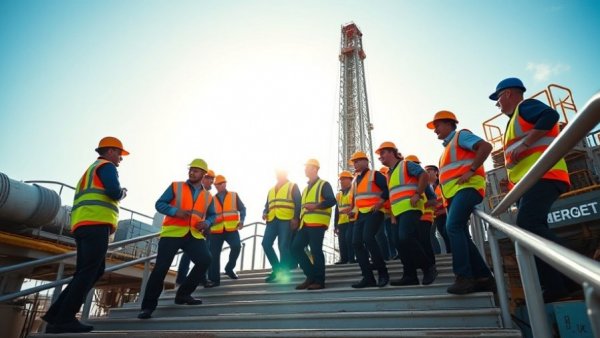 Utah clean energy facility workers climbing stairs under bright sun.