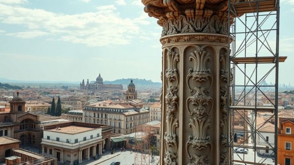 Roman column restoration with detailed carvings and scaffolding.