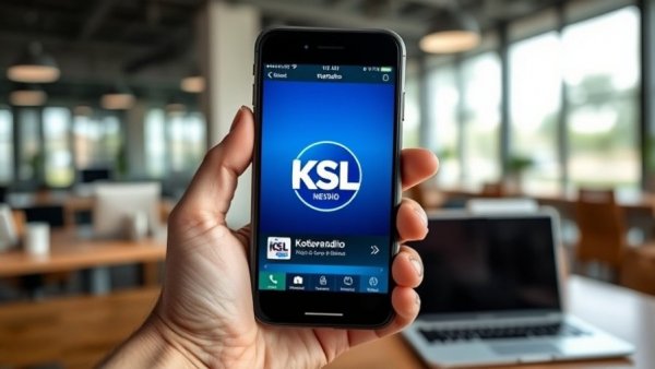 KSL NewsRadio app on phone in modern office, Salt Lake City Community Stories.
