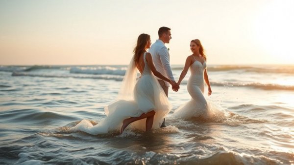 Unexpected visit from Batman at sunset beach wedding.